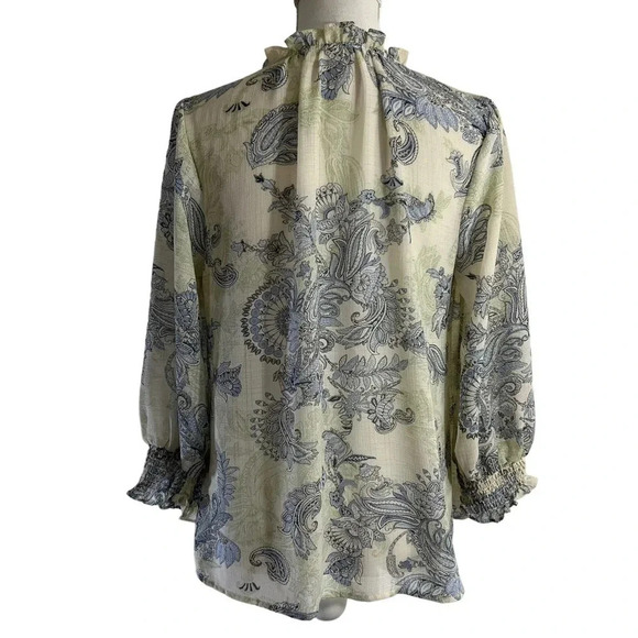 By The River Blouse Large Sheer Floral Seersucker Ruffle Keyhole Blue Womens Top - Picture 3 of 9